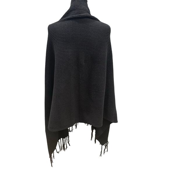Nature EUC Black Ribbed Knit Fringe Poncho Wrap Arm Holes 70" - Picture 3 of 9